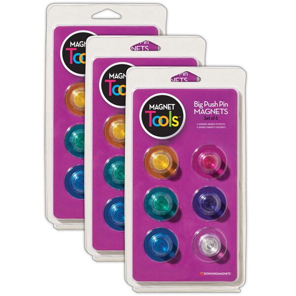Dowling Magnets Magnet Tools Big Push Pin Magnets, 6 Colors, 18PK - 735021