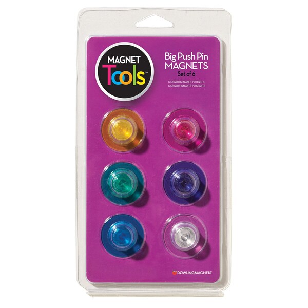 Dowling Magnets Magnet Tools Big Push Pin Magnets, 6 Colors, 18PK - 735021