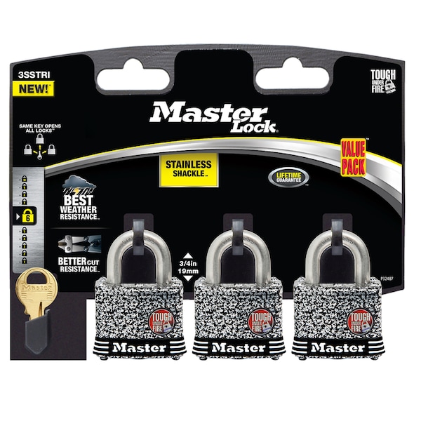 Master Lock Master Lock 1-9/16 in. W Laminated Steel 4-Pin Tumbler Weather-Resistant Padlock, PK3 - 3SSTRIHC
