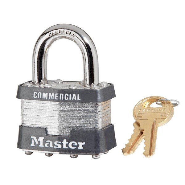 Master Lock Padlock, Dual bumpers, 1-3/4in, Steel, Silver, Shackle Diameter: 5/16in, Shackle Clearance: 15/16in - 1KA-3581