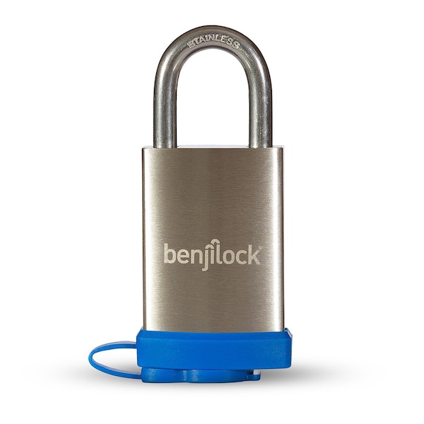 Benjilock Fingerprint Padlock with Blue Bumper and up to 10 Fingerprints with Stainless Steel Shackle and - BJL207SS-40