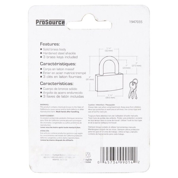 Prosource Padlock, Standard Shackle, 3/16 in Dia Shackle, 1 in H Shackle, Steel Shackle, Brass Body - TGE-BP403L