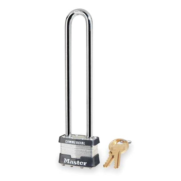 Master Lock Padlock, Keyed Different, Long Shackle, Rectangular Steel Body, Steel Shackle, 3/4 in W - 1LN