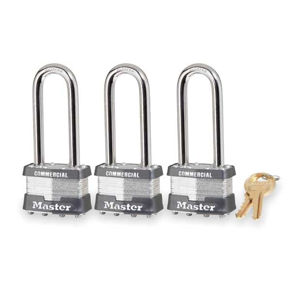 Master Lock Padlocks, Keyed Alike, Long Shackle, Rectangular Steel Body, Steel Shackle, 3/4 in W, 3 PK - 1TRILJCOM