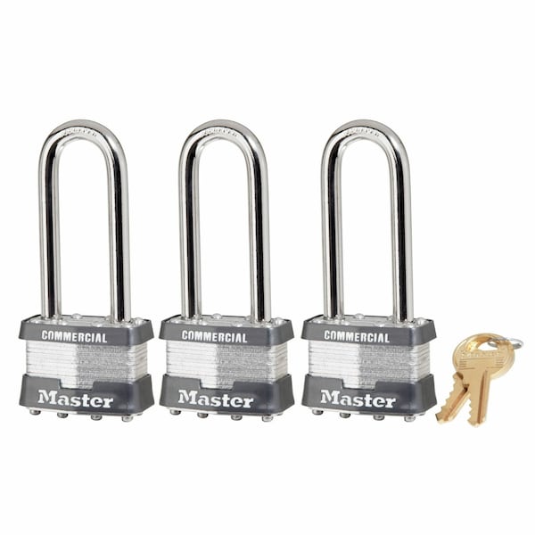 Master Lock Padlocks, Keyed Alike, Long Shackle, Rectangular Steel Body, Steel Shackle, 3/4 in W, 3 PK - 1TRILJCOM