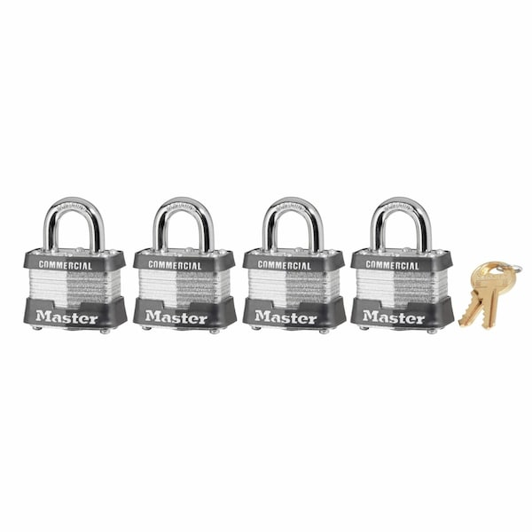Master Lock Padlocks, Keyed Alike, Standard Shackle, Rectangular Steel Body, Steel Shackle, 5/8 in W, 4 PK - 3QCOM