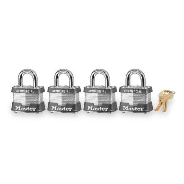 Master Lock Padlocks, Keyed Alike, Standard Shackle, Rectangular Steel Body, Steel Shackle, 5/8 in W, 4 PK - 3QCOM