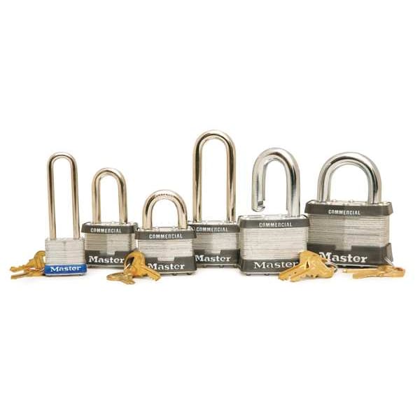 Master Lock Padlock, Keyed Different, Long Shackle, Rectangular Steel Body, Steel Shackle, 1/2 in W - 7LJ