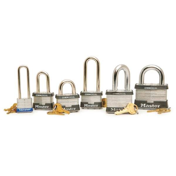 Master Lock Padlock, Keyed Different, Long Shackle, Rectangular Steel Body, Steel Shackle, 1/2 in W - 7LJ