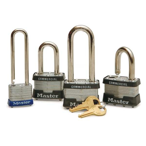 Master Lock Padlock, Keyed Different, Long Shackle, Rectangular Steel Body, Steel Shackle, 1/2 in W - 7LJ