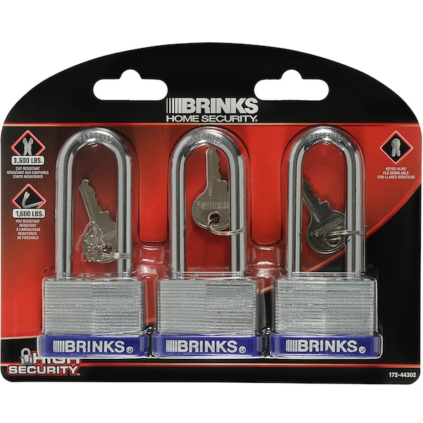 Brinks Keyed Alike Padlock, Laminated Steel, 44mm, High Security 3PK - 172-44302