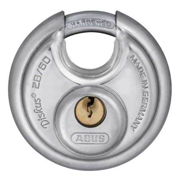 Abus Padlock, Keyed Different, Partially Hidden Shackle, Disc Stainless Steel Body, Steel Shackle - 28/60 KD