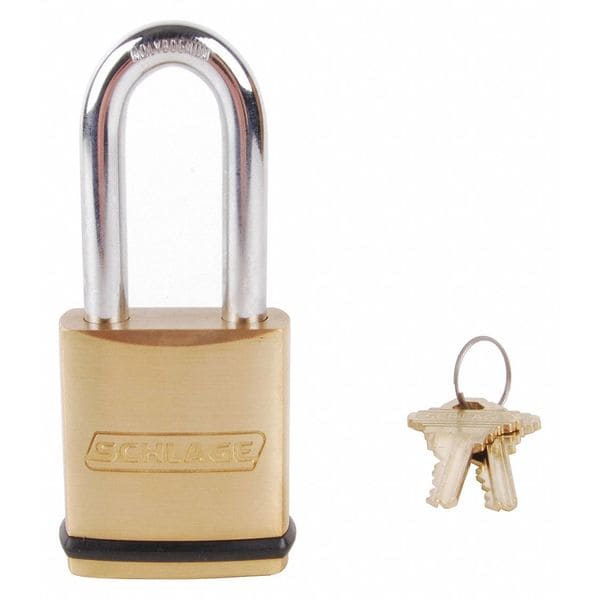 Schlage Padlock, Keyed Different, Long Shackle, Rectangular Brass Body, Hardened Steel Shackle, 3/4 in W - KS43F2300