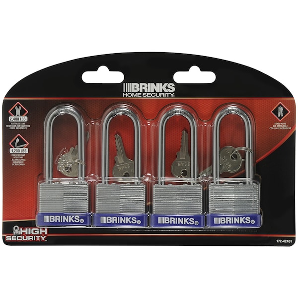 Brinks Keyed Alike Padlock, Laminated Steel, 40mm, High Security, 4PK - 172-42401
