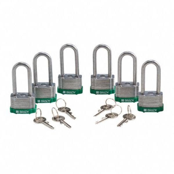 Brady Keyed Padlock, Extended, Rectangular Steel Body, Hardened Steel Shackle, 3/4 in W, 6 PK - 118976