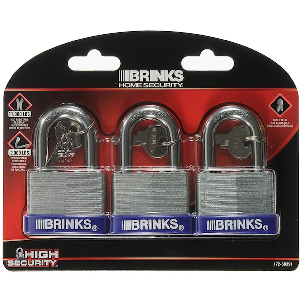 Brinks Keyed Alike Padlock, Laminated Steel, 50mm, High Security 3PK - 172-50391