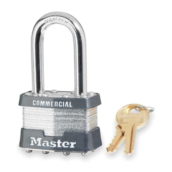 Master Lock Padlock, Keyed Different, Long Shackle, Rectangular Steel Body, Steel Shackle, 3/4 in W - 1LF