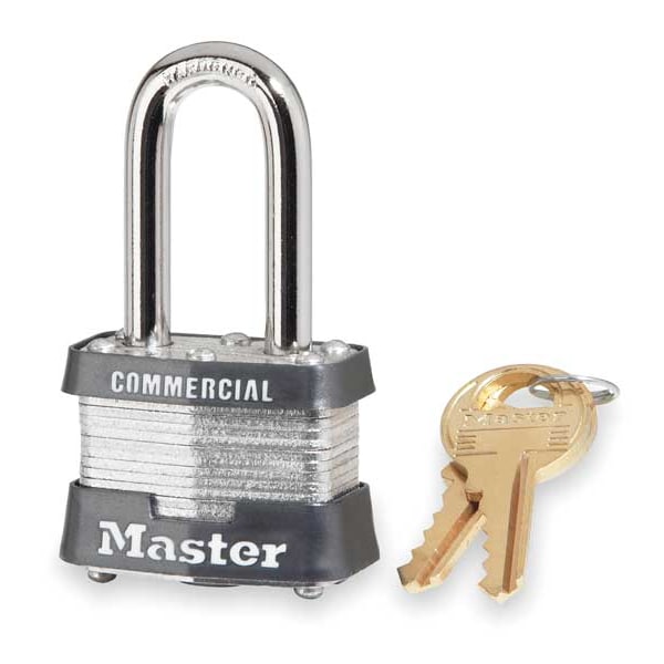 Master Lock Padlock, Keyed Different, Long Shackle, Rectangular Steel Body, Steel Shackle, 5/8 in W - 3LF