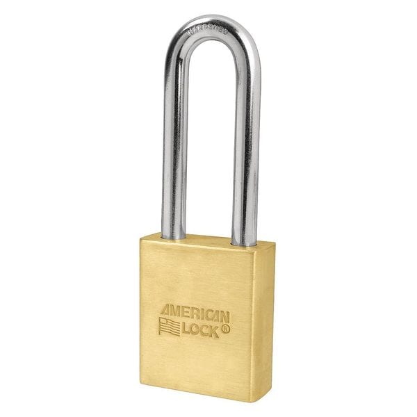 American Lock Padlock, Coreless, Long Shackle, Rectangular Brass Body, Boron Shackle, 3/4 in W - A3902SWO