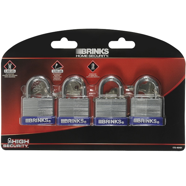Brinks Keyed Alike Padlock, Laminated Steel, 40mm, High Security 4 PK - 172-40401