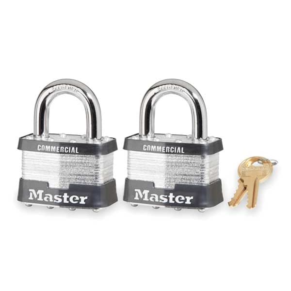 Master Lock Padlocks, Keyed Alike, Standard Shackle, Rectangular Steel Body, Steel Shackle, 15/16 in W, 2 PK - 5TCOM