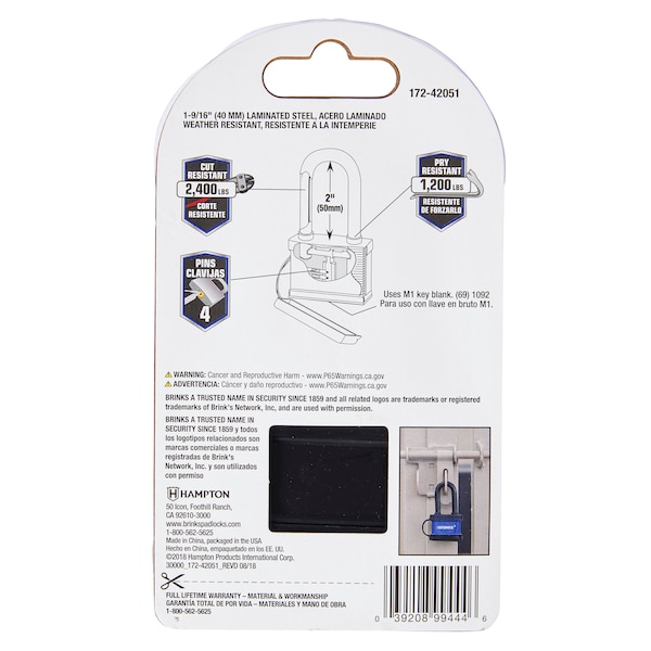 Brinks Keyed Different Padlock, Laminated Steel, 40mm, High Security Long SHKL - 172-42051