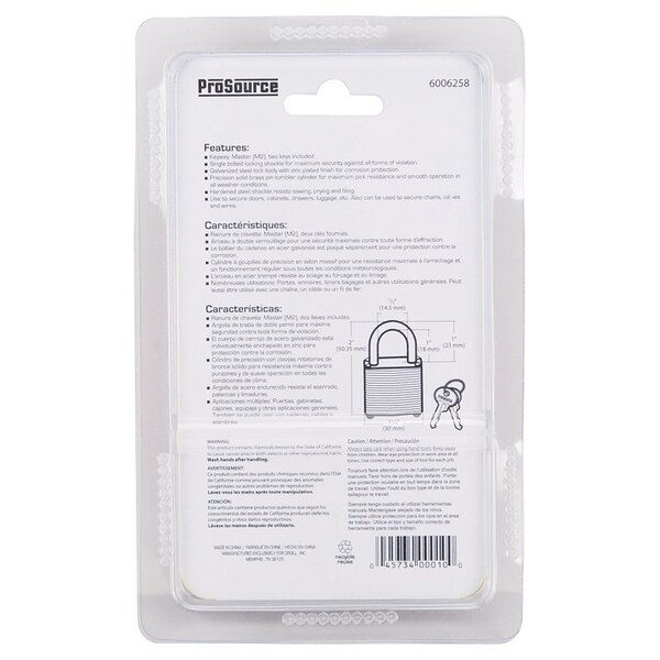 Prosource Padlock, Standard Shackle, 3/16 in Dia Shackle, Steel Shackle, Steel Body, Laminated/Nickel - HD00010