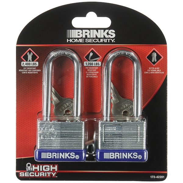 Brinks Keyed Alike Padlock, Laminated Steel, 40mm, High Security, 2PK - 172-42201
