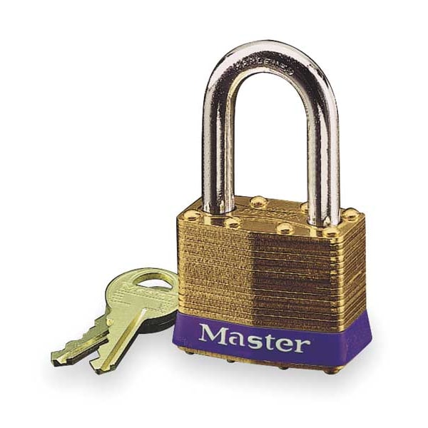 Master Lock Padlock, Keyed Alike, Long Shackle, Rectangular Brass Body, Steel Shackle, 3/4 in W - 2KALF