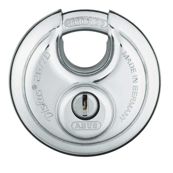 Abus Padlock, Keyed Different, Partially Hidden Shackle, Disc Stainless Steel Body, Steel Shackle - 26/70 KD
