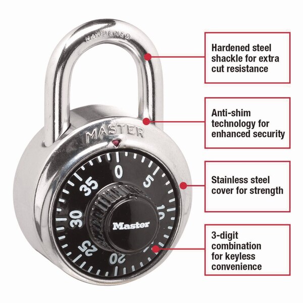 Master Lock Combination Lock, Stainless Steel, 1 7/8" Wide, Black Dial, PK2 - 1500-T