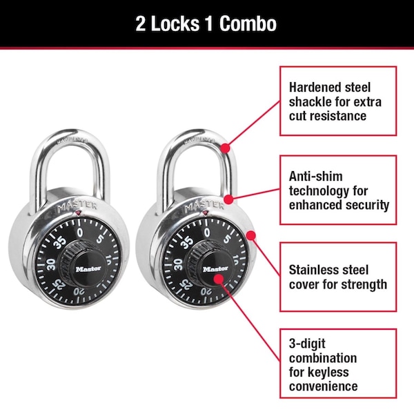 Master Lock Master Lock 2 in. H X 7/8 in. W X 1-7/8 in. L Steel Anti-Shim Technology Combination Padlock, PK2 - 1500T