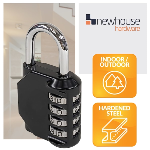 Newhouse Hardware Combination Padlock, Number of Dials 4, Customizable 4-Digit Lock Combo, Black - NHH-NUMLK-BLK