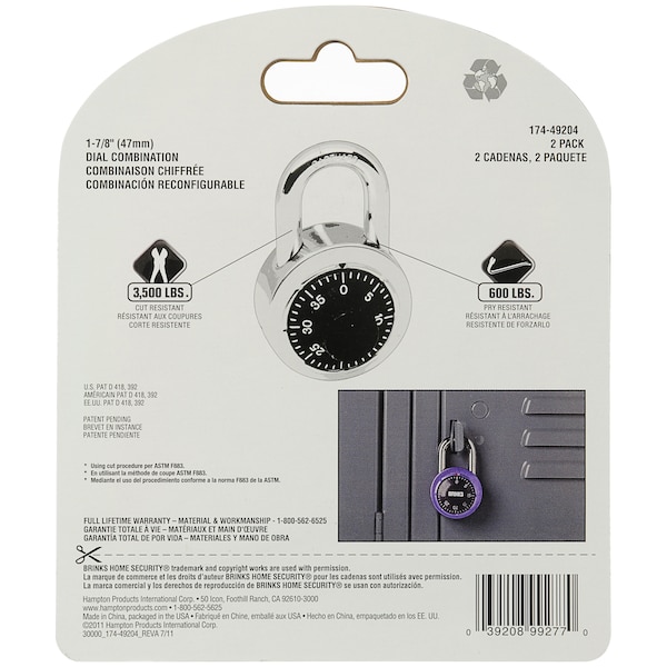 Brinks Combination Padlock, Steel, 48mm 2 Pk Combo'd Alike - 174-49204