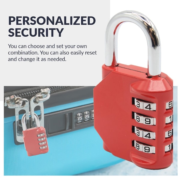 Newhouse Hardware Combination Padlock, Number of Dials 4, Customizable 4-Digit Lock Combo, Red - NHH-NUMLK-RD