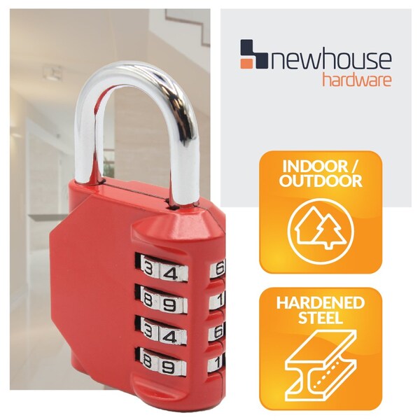 Newhouse Hardware Combination Padlock, Number of Dials 4, Customizable 4-Digit Lock Combo, Red - NHH-NUMLK-RD