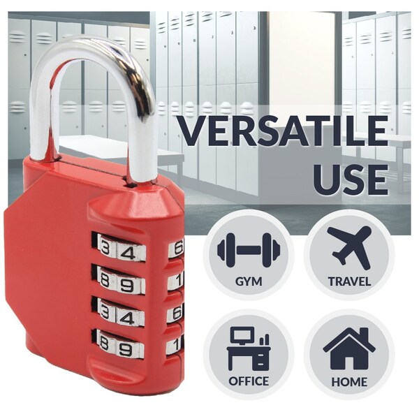 Newhouse Hardware Combination Padlock, Number of Dials 4, Customizable 4-Digit Lock Combo, Red - NHH-NUMLK-RD