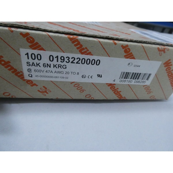 BLOQUE DE TERMINAL Y CONTACTO Weidmuller, 100 piezas - 0193220000 SAK 6N KRG