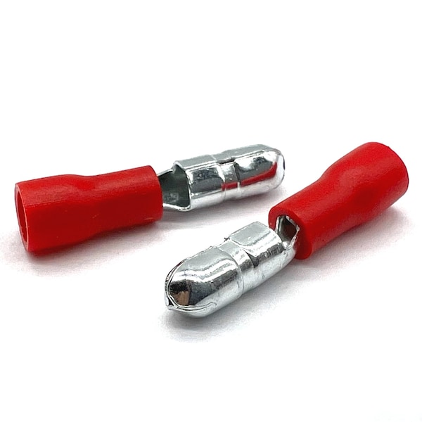 100 Piezas Rojas de Conector de Compresión de Bala Macho de PVC/Vinilo, AWG 22-18, 100PK - EL-2218-MBULLET-VR-100