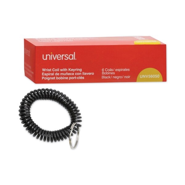 Universal Wrist Coil Plus Key Ring, Plastic, Black, 6PK - UNV56050