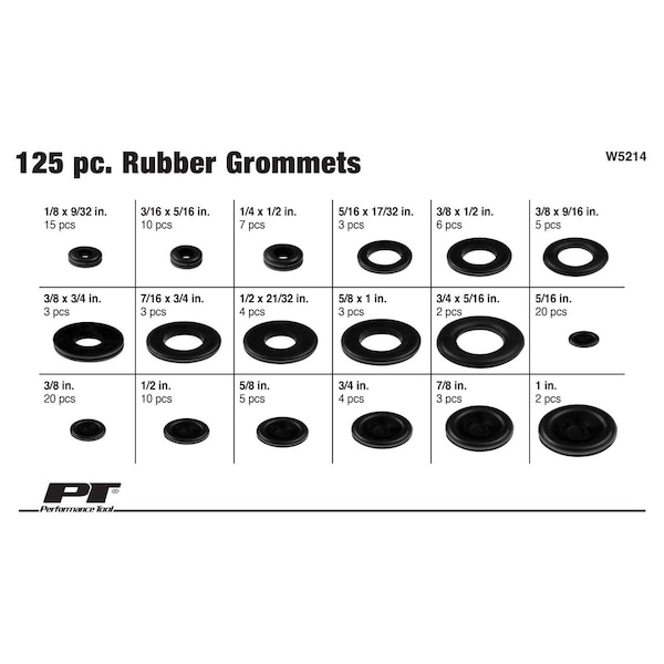 Perform Tool Firewall Grommet Rubber; With Fifteen 1/8 x 9/32 In/ Ten 3/16 x 5/16 In/ Seven 1/4 x 1/2 In/ Three - W5214