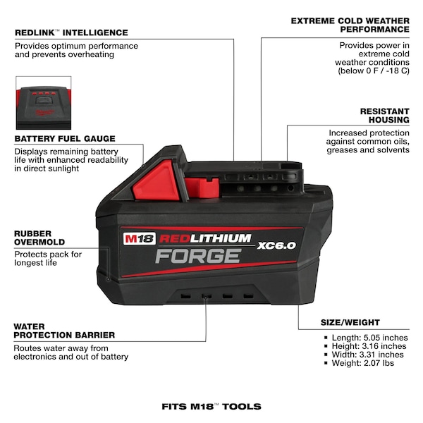 Milwaukee Tool M18 REDLITHIUM FORGE XC6.0 Battery, 6.0Ah, Extended Capacity, 18V, Li-Ion Battery - 48-11-1861