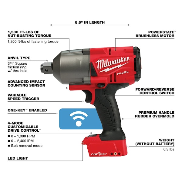 Milwaukee Tool M18 FUEL w/ ONE-KEY High Torque Impact Wrench 3/4" Friction Ring (Tool Only) - 2864-20