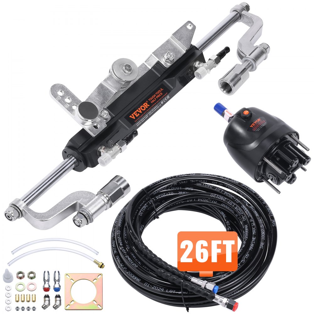 VEVOR Hydraulic Outboard Steering Kit, 300HP, Marine Boat Hydraulic Steering System, with Helm Pump Two-Way Lock Cylinder and 26 Feet Hydraulic Steering Hose, for Single Station Single-Engine Boats - XWYYFXBDJTJ37VR7HV0