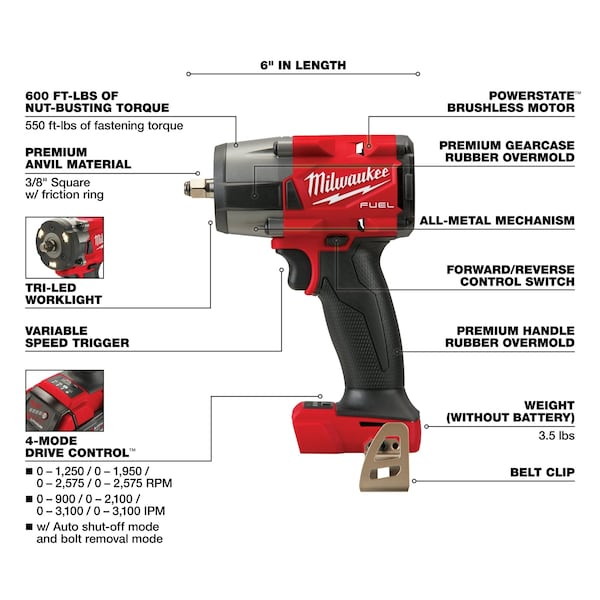 Milwaukee Tool M18 FUEL 3/8 in. Mid-Torque Impact Wrench with Friction Ring (Tool Only) - 2960-20