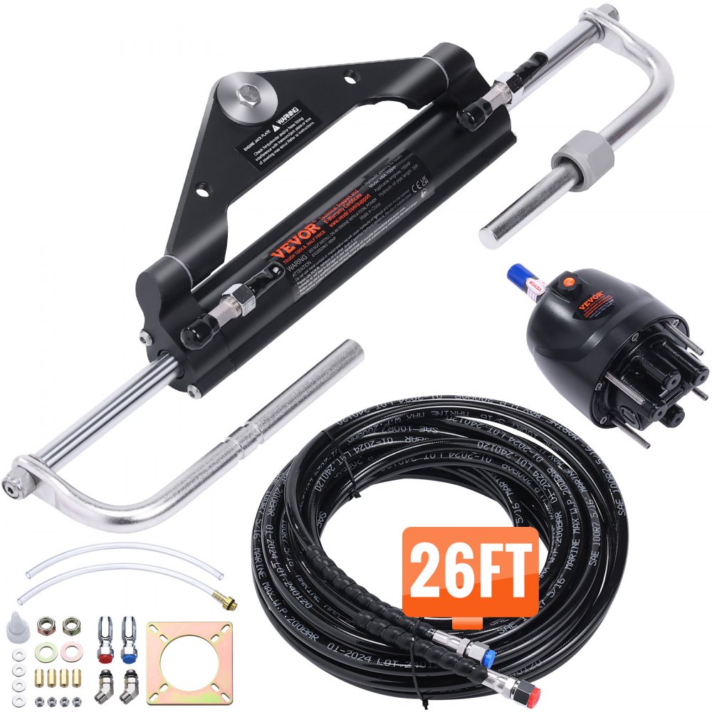 VEVOR Hydraulic Outboard Steering Kit, 150HP, Marine Boat Hydraulic Steering System, with Helm Pump Two-Way Lock Cylinder and 26 Feet Hydraulic Steering Hose, for Single Station Single-Engine Boats - XWYYFXBDJTJ1AJ1FLV0