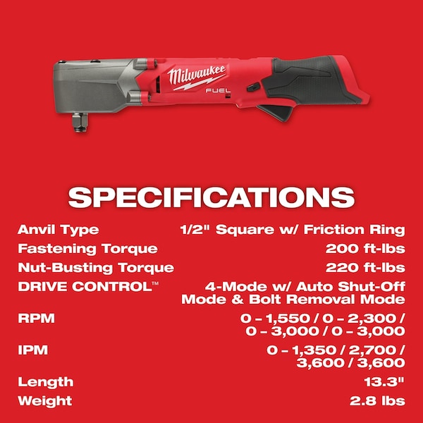 Milwaukee Tool M12 FUEL 1/2 in. Right Angle Impact Wrench with Friction Ring (Bare Tool) - 2565-20