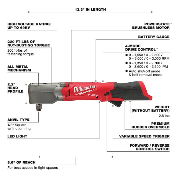 Milwaukee Tool M12 FUEL 1/2 in. Right Angle Impact Wrench with Friction Ring (Bare Tool) - 2565-20