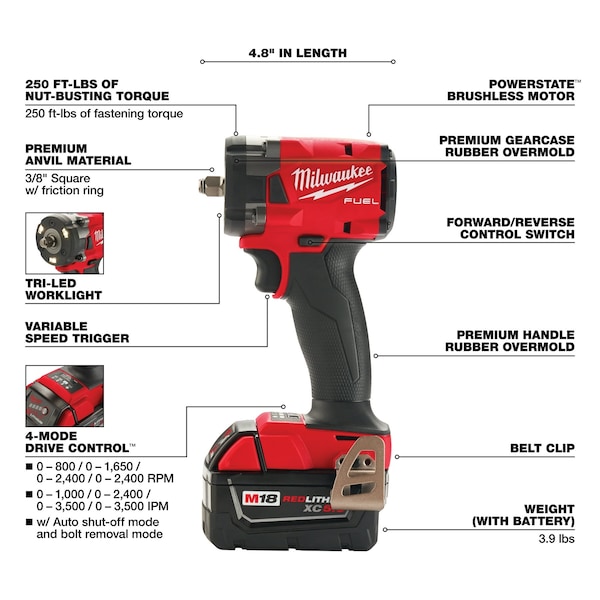 Milwaukee Tool M18 FUEL 3/8 in. Compact Impact Wrench with Friction Ring (Tool Only) - 2854-20