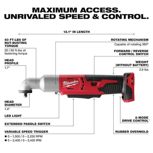 Milwaukee Tool M18 Cordless 2-Speed 3/8" Right Angle Impact Wrench - 2668-20